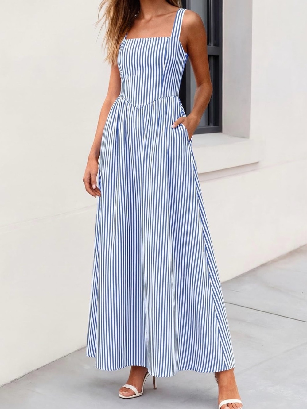 #54 Pretty Garden Dark Blue and White Striped Square Neck Maxi Dress - Picture 4 of 10